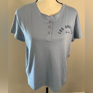 Bare Your Soul Los Angeles blue tee rounded neck 1/4 button up short sleeve SZ S